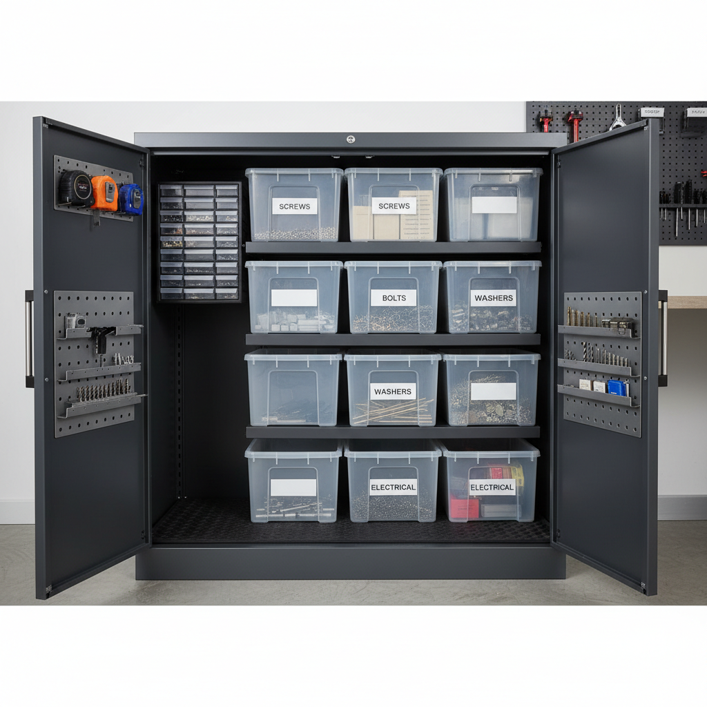 Garage cabinet layout using shelves, labeled bins, and door-mounted organizers for power tool accessories