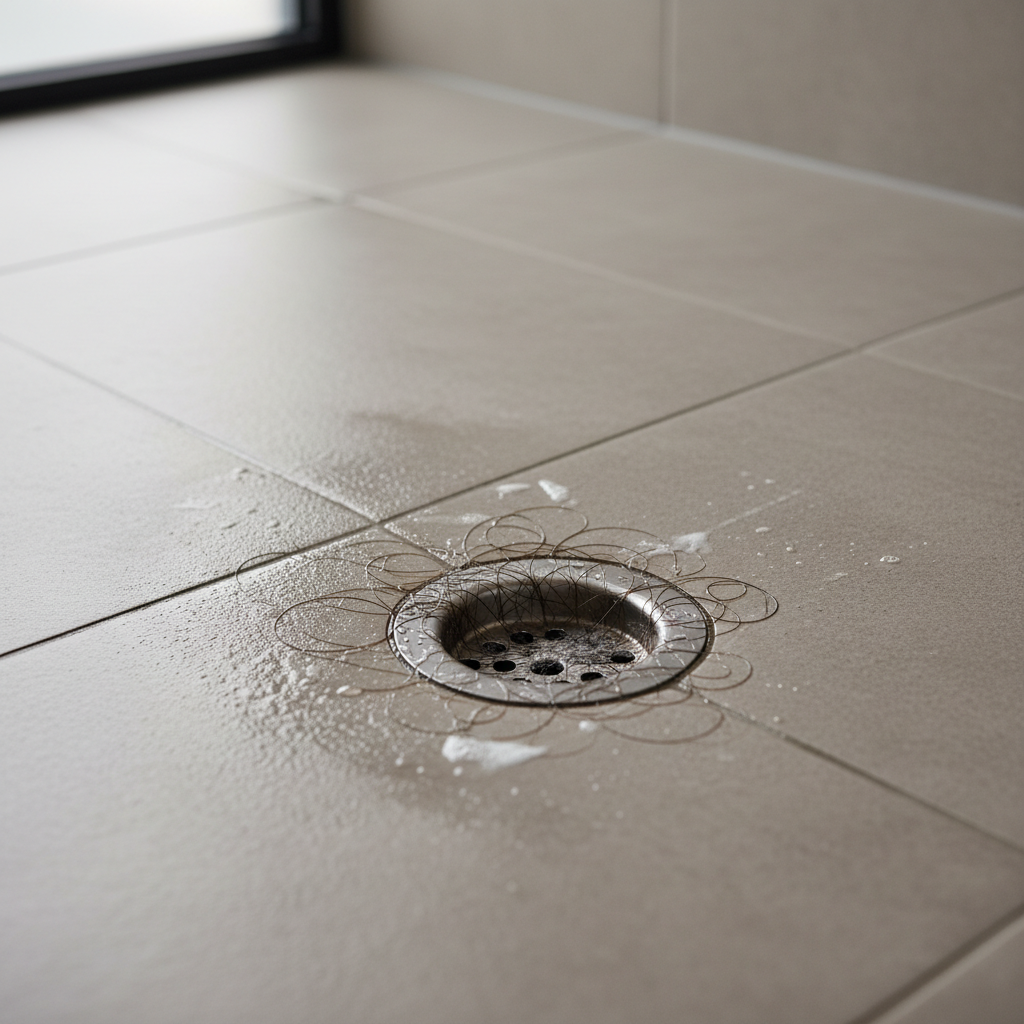 Bathroom shower drain with hair and soap buildup near strainer