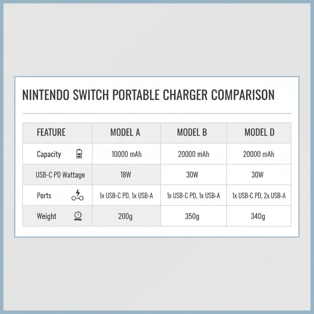 Portable charger spec comparison table for Nintendo Switch power delivery