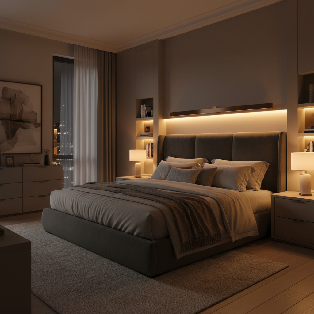 Cozy bedroom lighting with layered lamps and warm tones