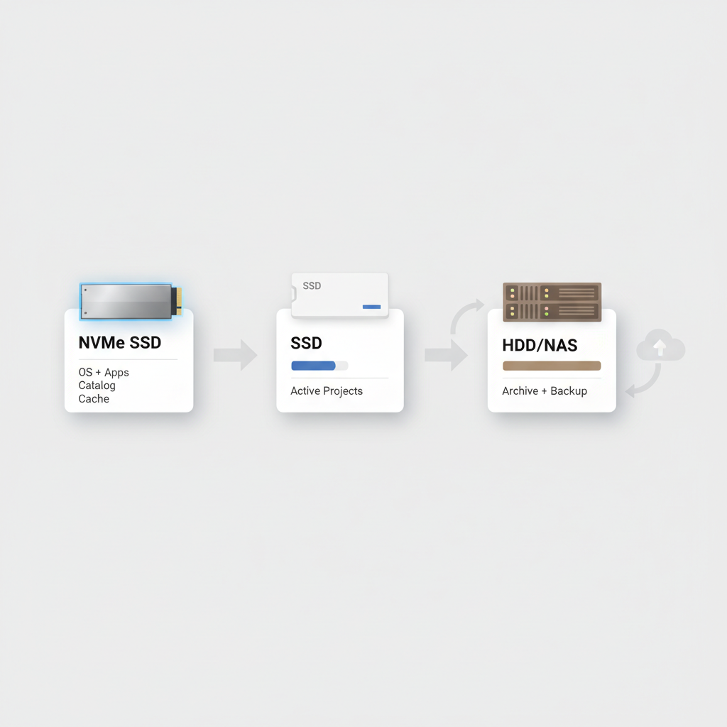 Diagram-style view of photo editing storage workflow with SSD for catalog and HDD for archive