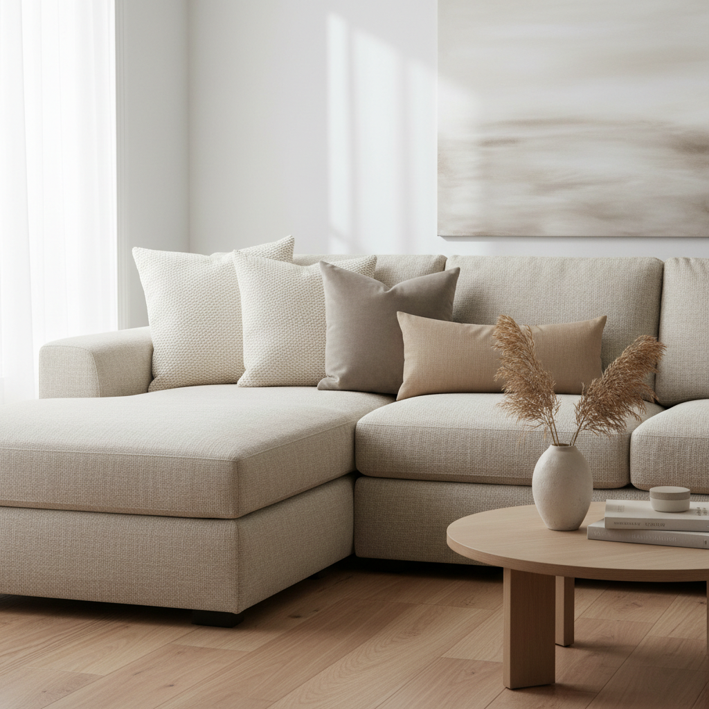 Neutral sofa styled with a coordinated set of decorative throw pillows in different textures