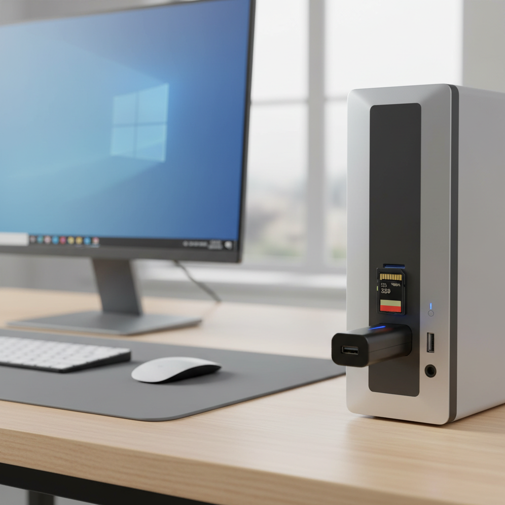 USB SD card reader plugged into a Windows desktop for troubleshooting