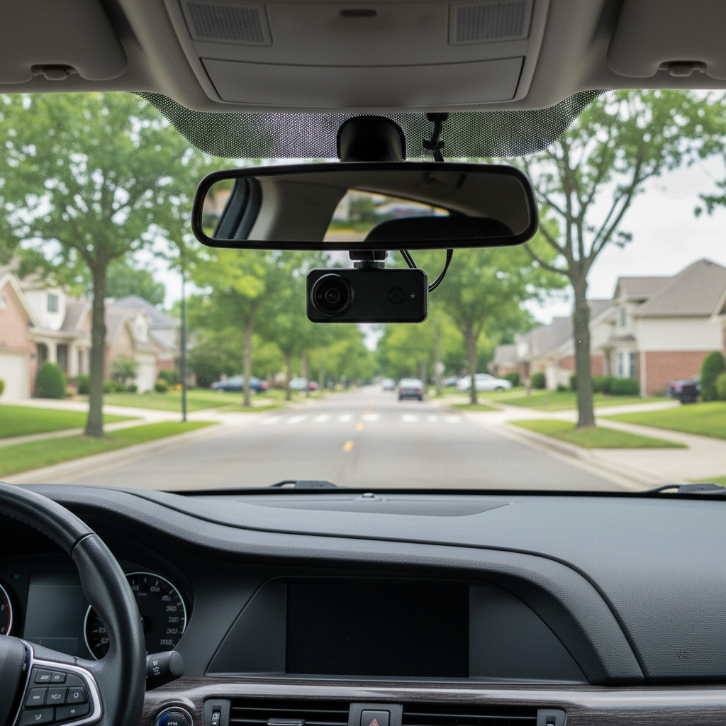 Budget dash cam mounted on a car windshield with a clear view of the road