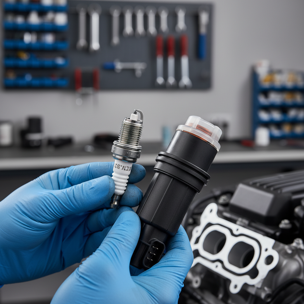 Close-up of spark plug and ignition coil removed during misfire diagnosis