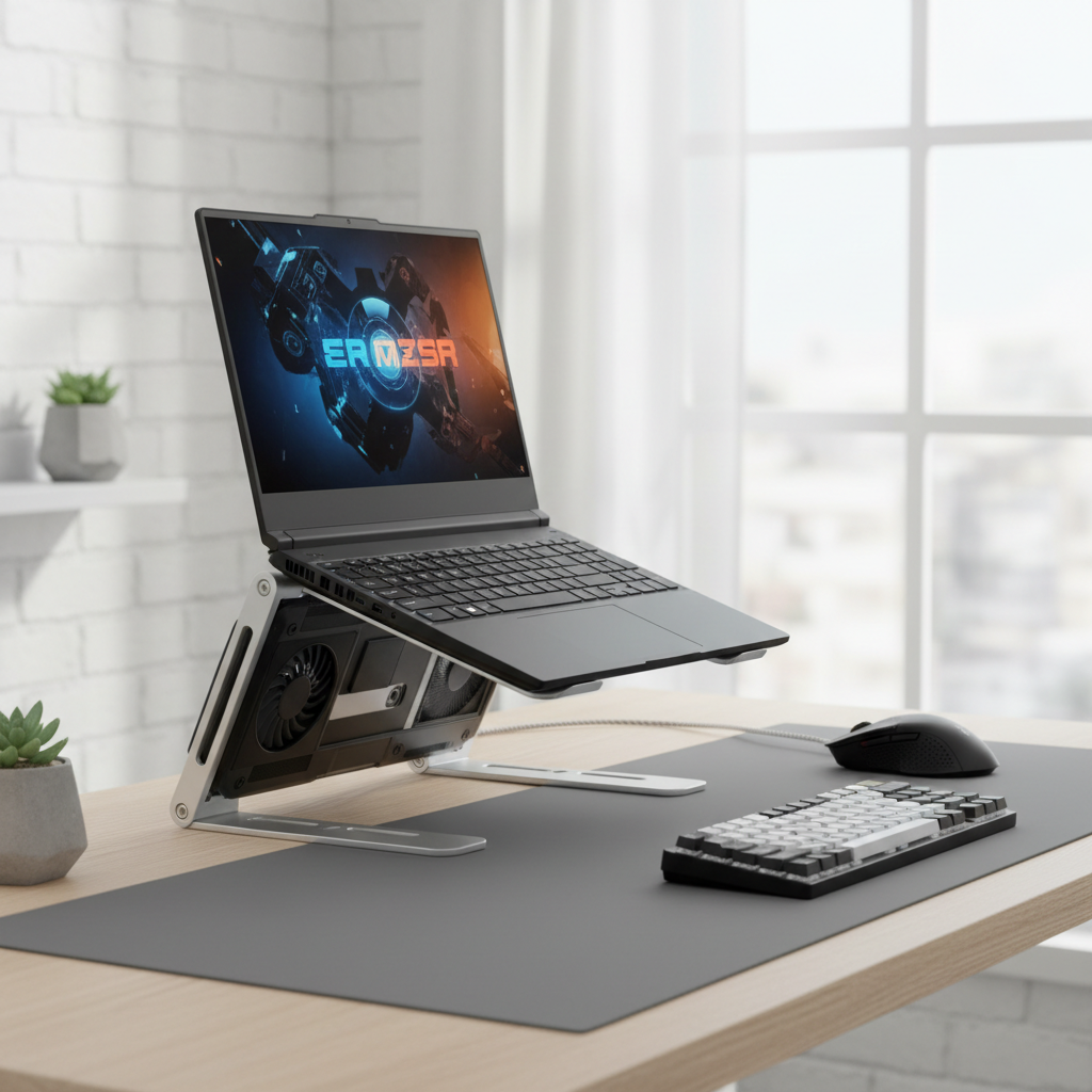 Gaming laptop on an elevated stand for better airflow and cooling