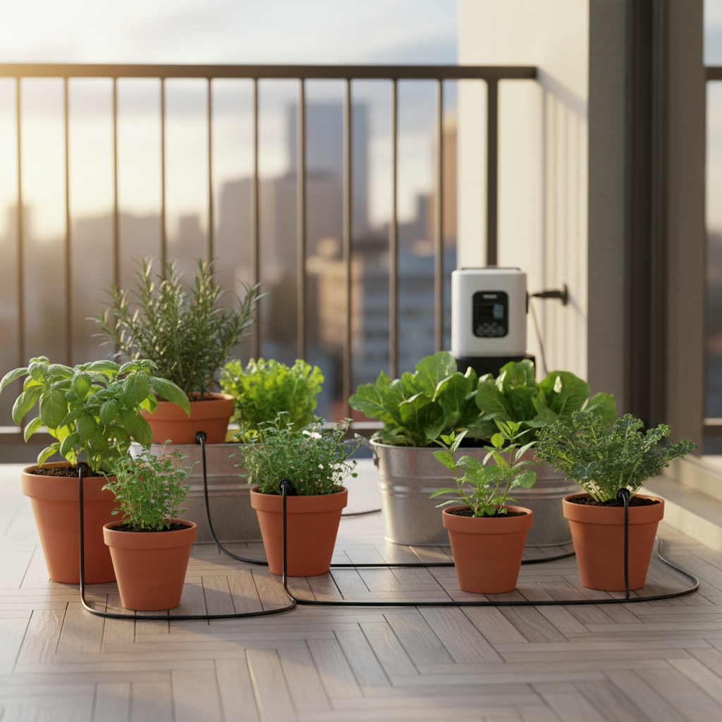 Balcony drip irrigation kit watering potted herbs and vegetables