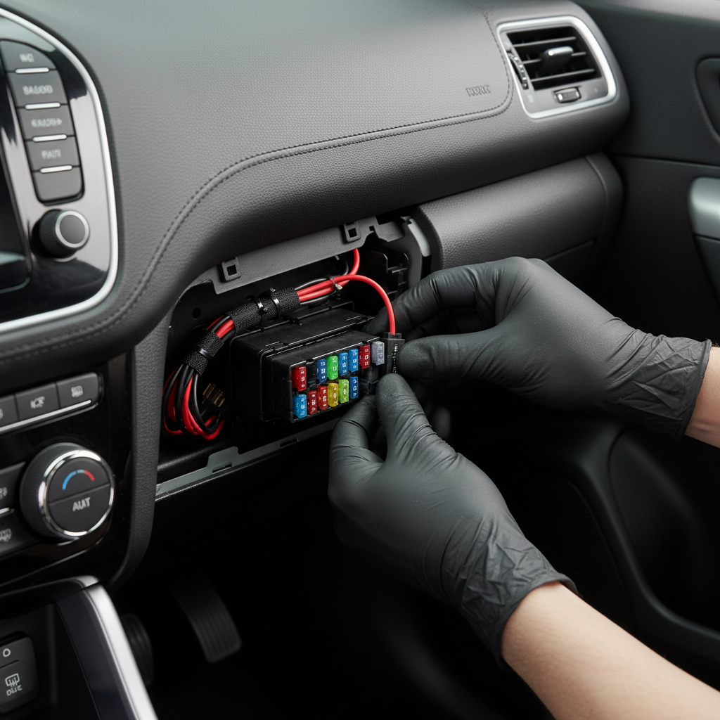 Hardwire kit installation concept for dash cam parking mode in a car fuse box