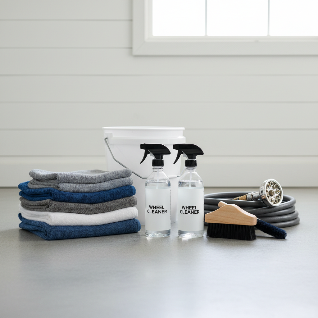 Car detailing setup with wheel brushes, microfiber towels, and wheel cleaner bottles
