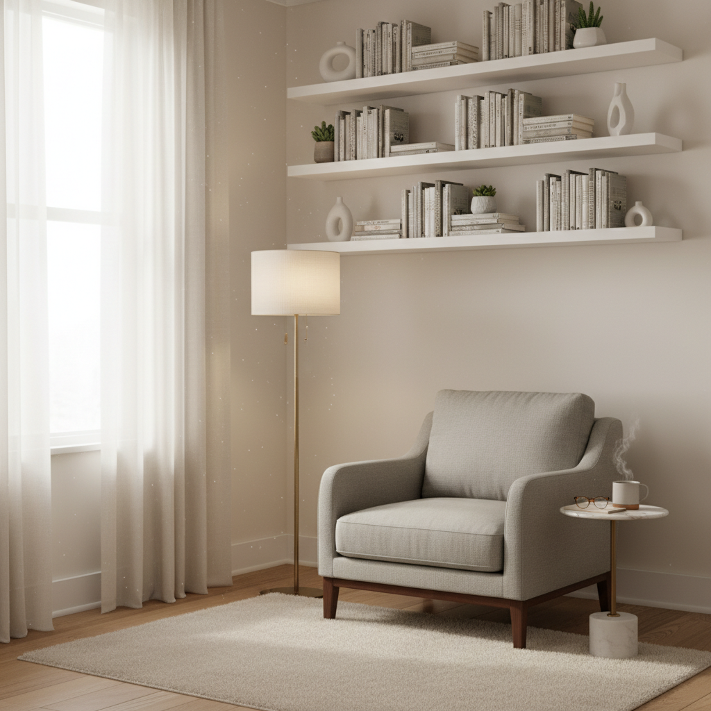 Small apartment reading nook with floating shelves and compact armchair