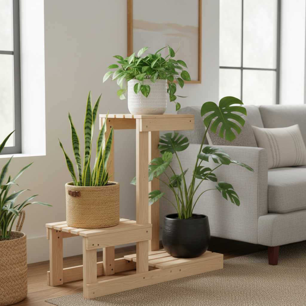 Multi-tier DIY wooden planter stand holding several houseplants in a bright living room