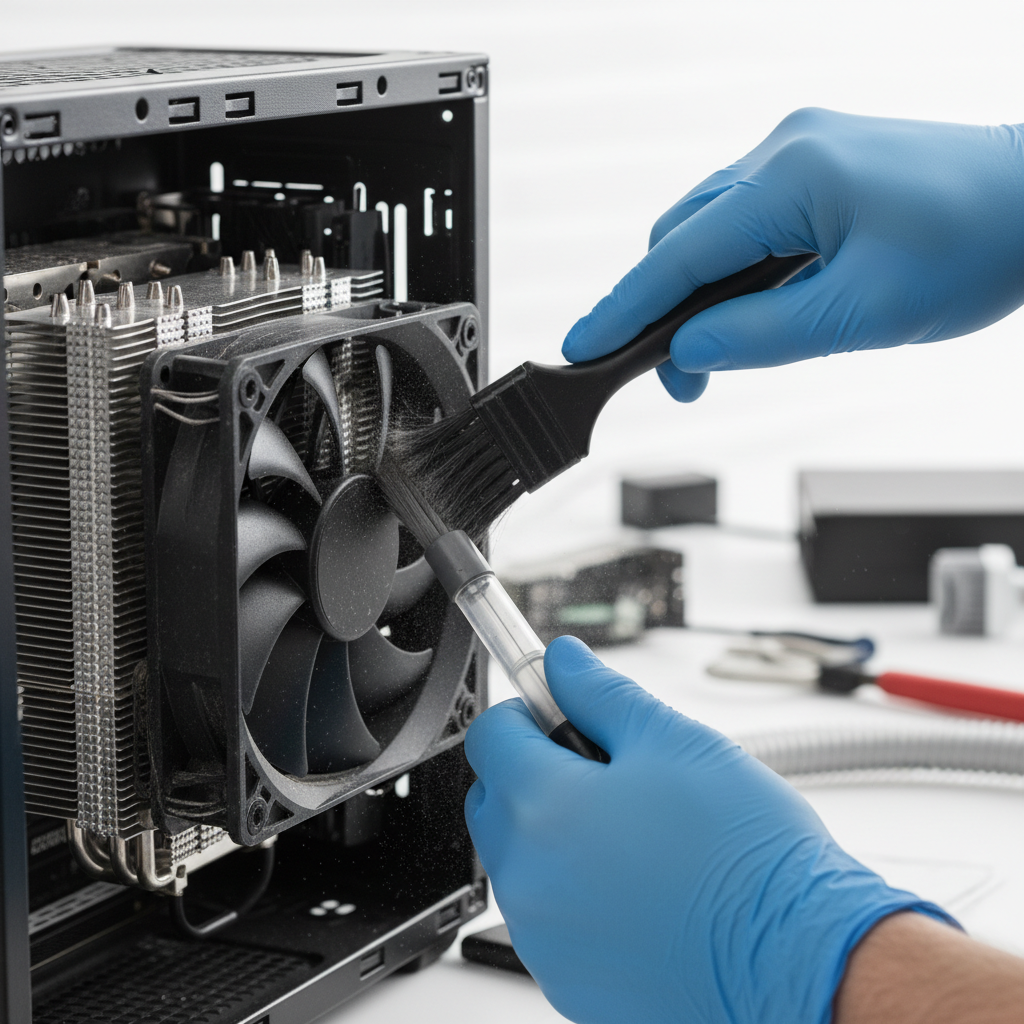 Brushing dust from PC fans and heatsink fins while holding blades still