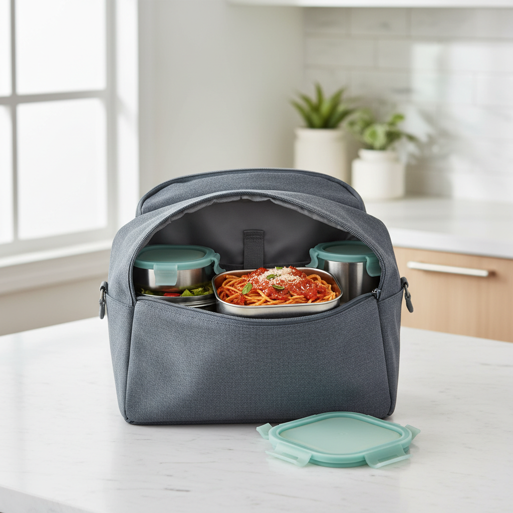 Leak-proof stainless steel food containers in a lunch bag