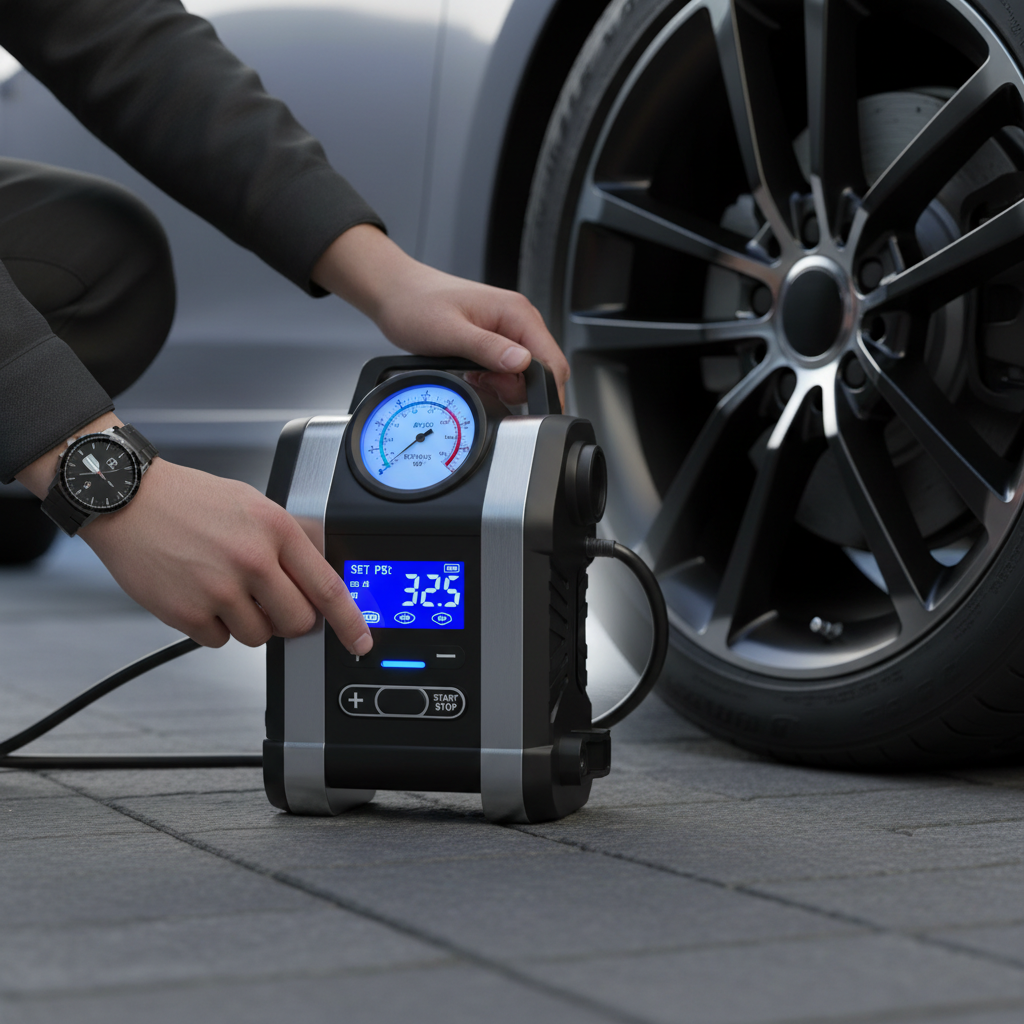 Driver setting target PSI on a digital tire inflator with gauge and auto shutoff feature