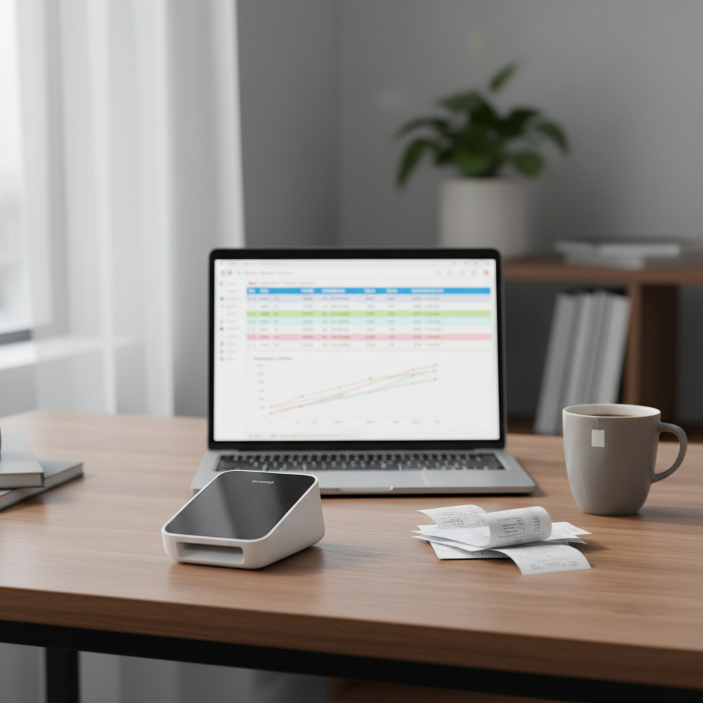 Portable receipt scanner on a desk next to receipts and a laptop for expense tracking