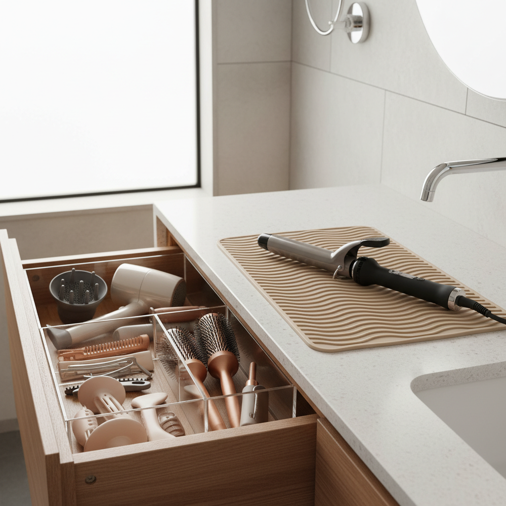 Heat-safe silicone mat used to cool a curling iron before drawer storage