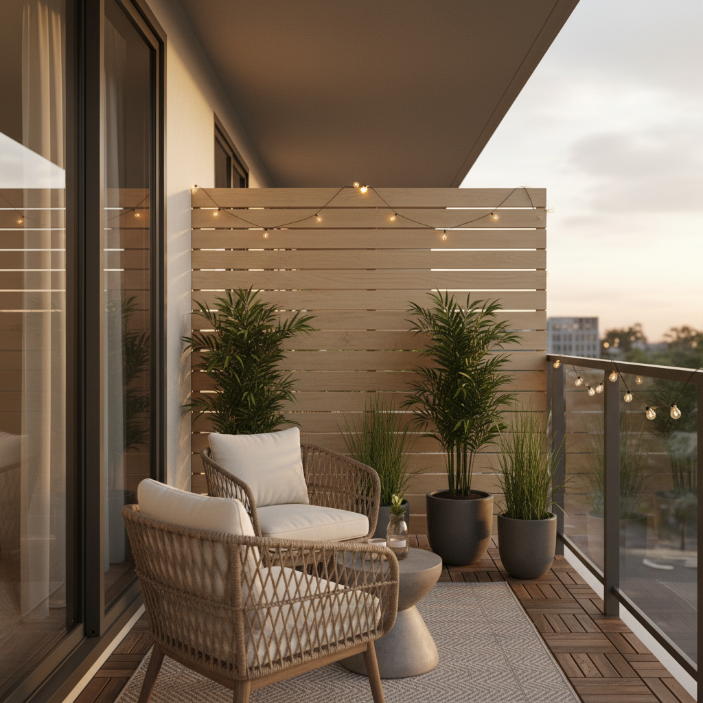 Renter-friendly balcony privacy setup with outdoor screen, plants, and soft lighting