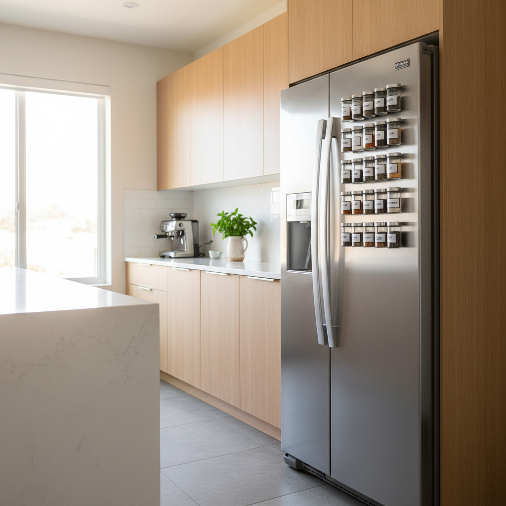 Magnetic spice jars on a fridge side for kitchen organization