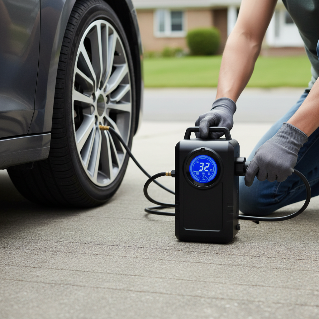 Car tire inflator with pressure gauge being used on a driveway for accurate PSI reading