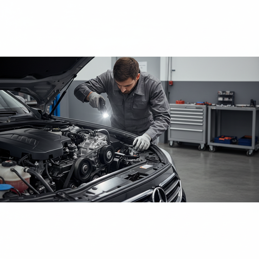 Mechanic diagnosing car AC compressor noise under the hood