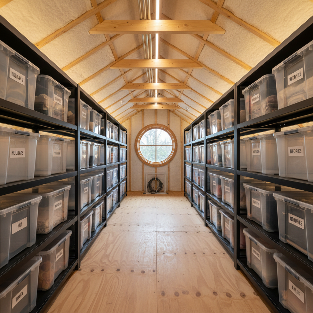 Organized attic storage with labeled bins on sturdy shelving