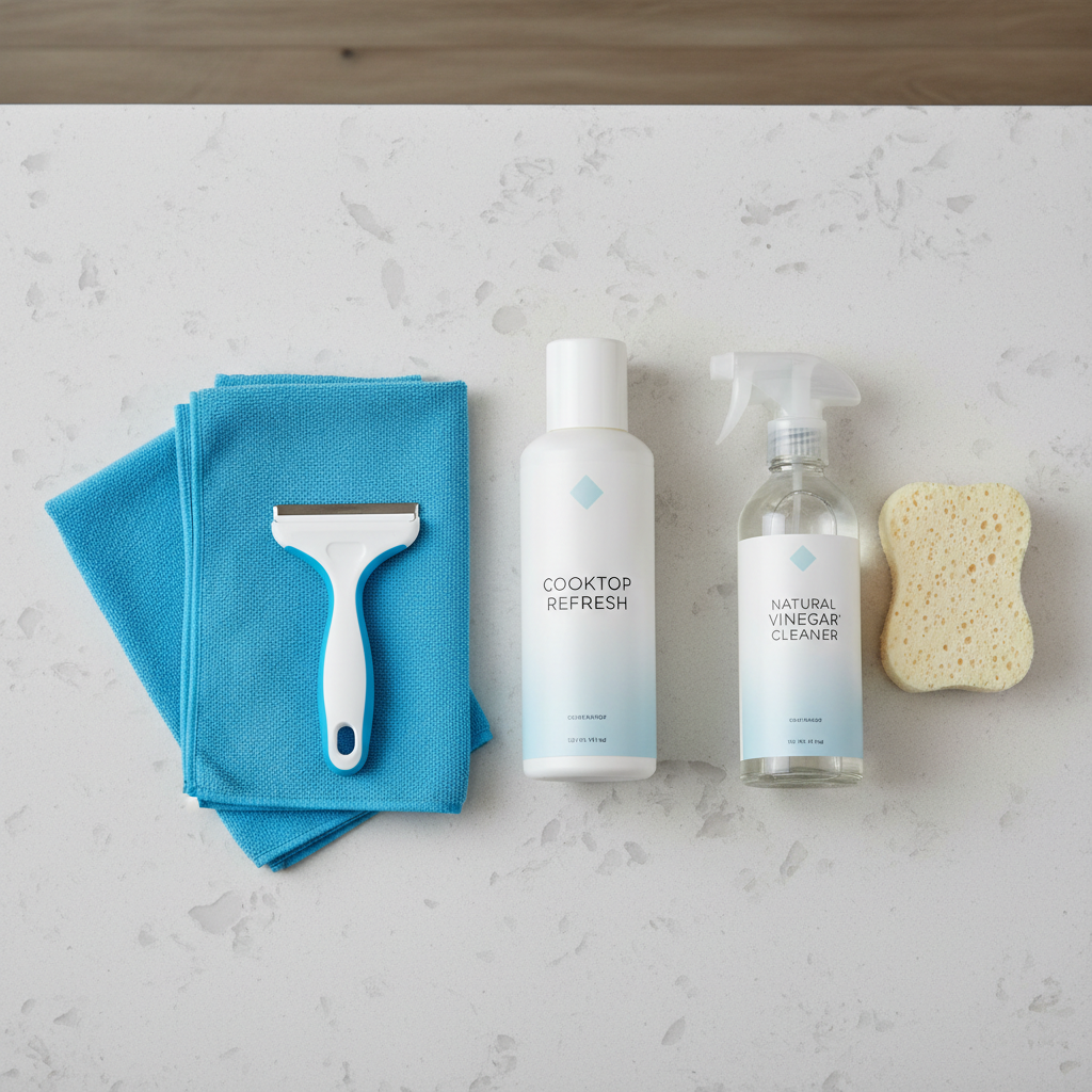 Scratch-safe ceramic cooktop cleaning tools: microfiber, cooktop cleaner, scraper