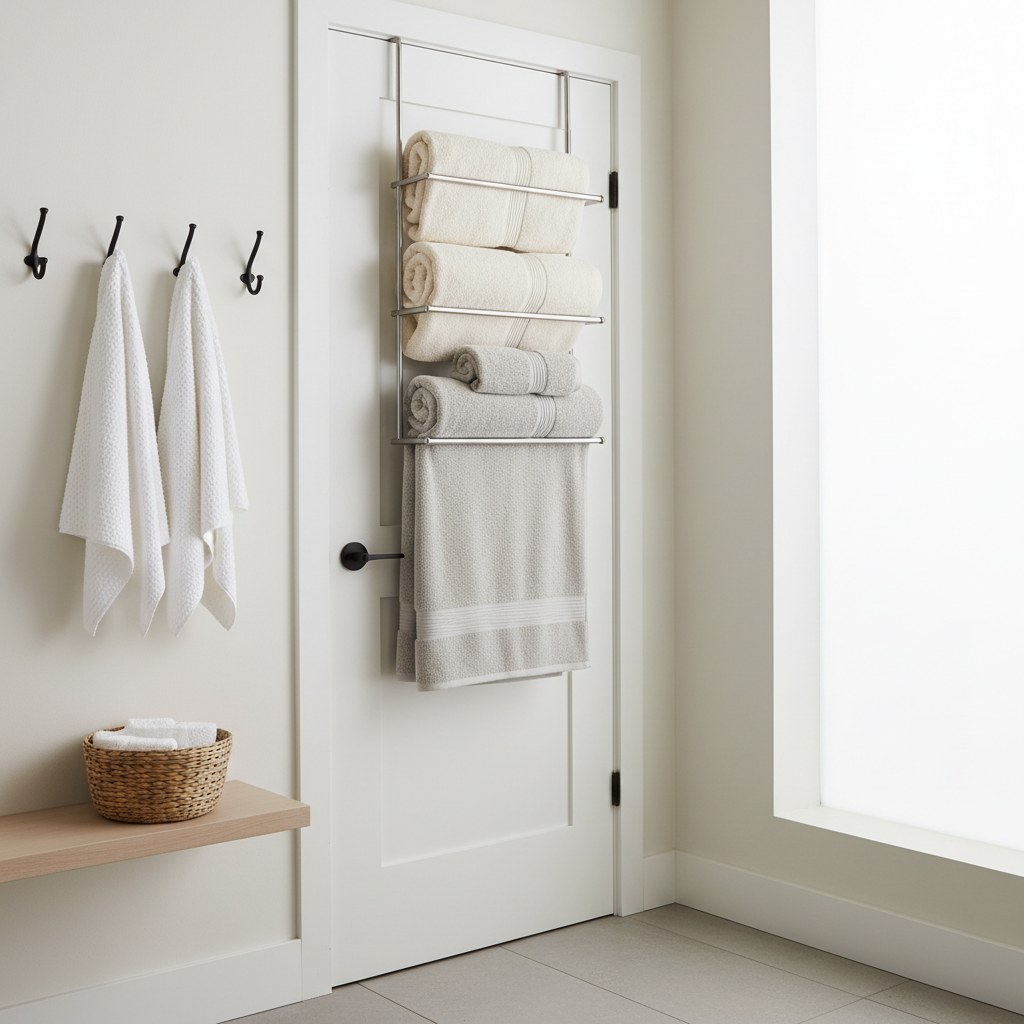 Bathroom towel hooks installed behind the door with neatly hanging towels and a small basket for washcloths