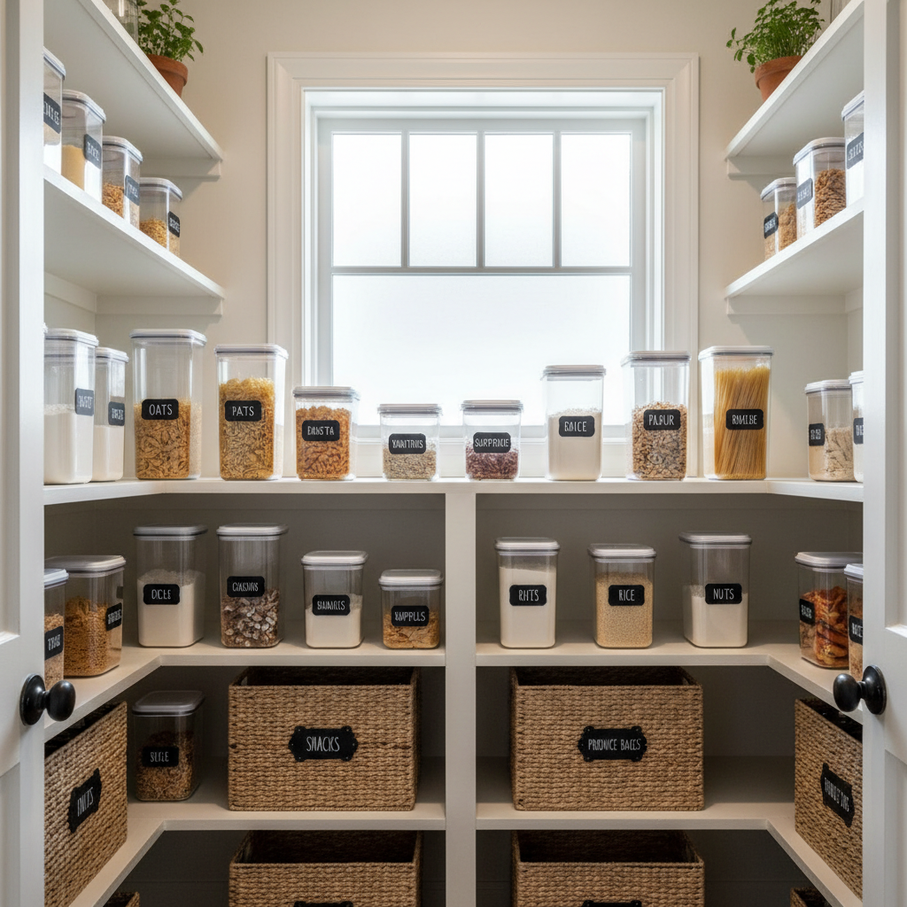 Neatly organized pantry with chalkboard labels on jars and storage bins