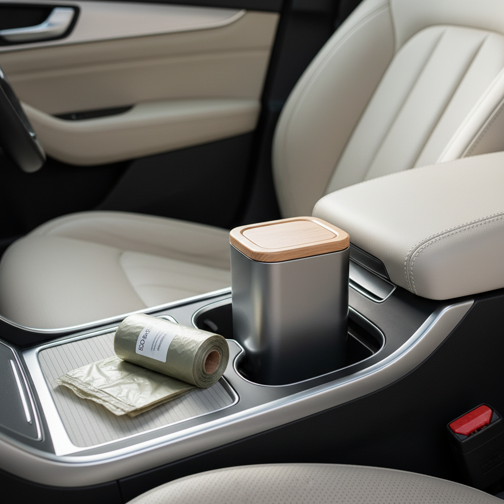 Biodegradable car trash bags next to a small car trash can on a center console