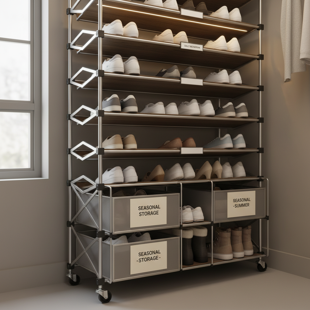 Stable stacked shoe rack with level feet and shoes organized by frequency of use