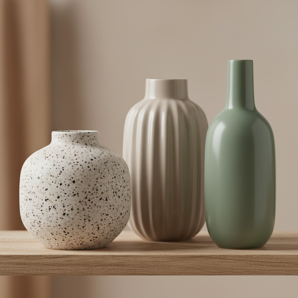 Close-up of ceramic vase textures matte speckled and ribbed finishes for shelf decor