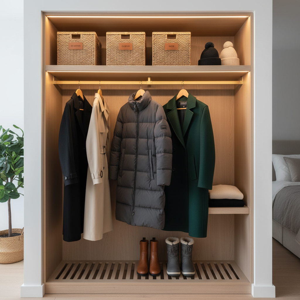 Closet zoning diagram for winter coats with grab zone and labeled bins