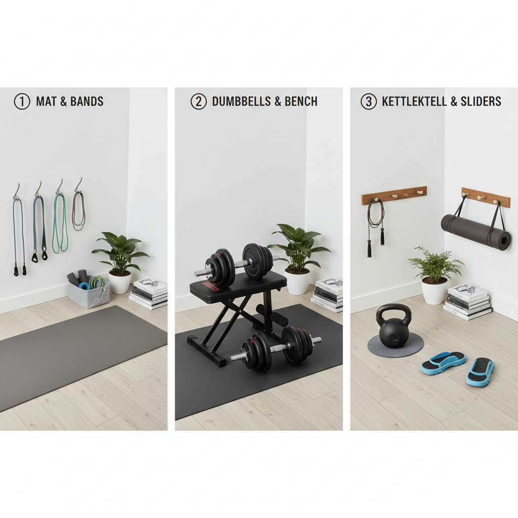 Three small apartment home gym layout options in a living room corner