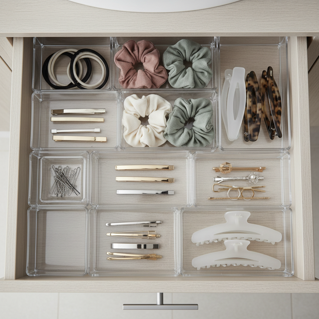 Small bathroom drawer organized with hair ties, claw clips, and bobby pins in divided compartments