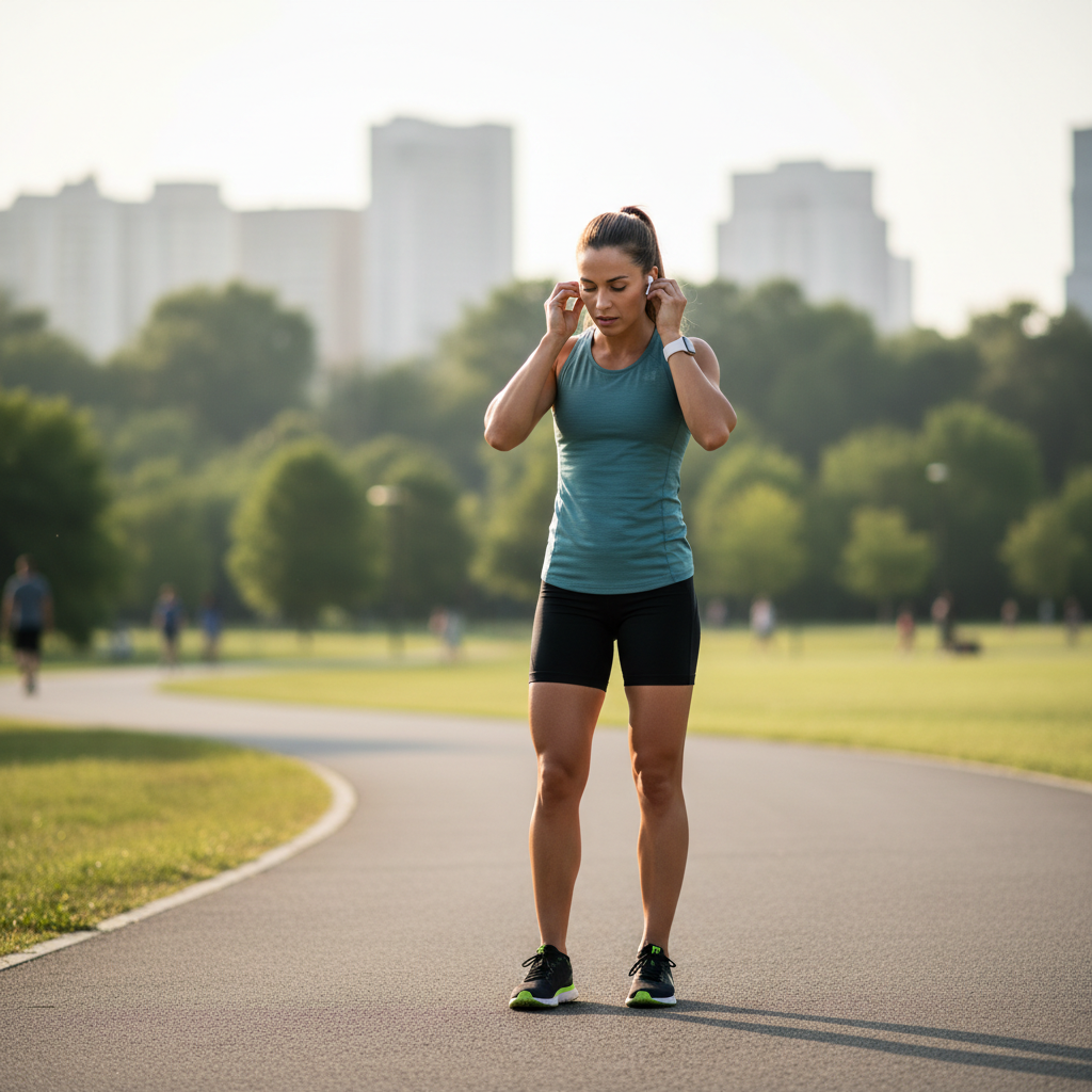 Runner adjusting wireless earbuds before an outdoor run