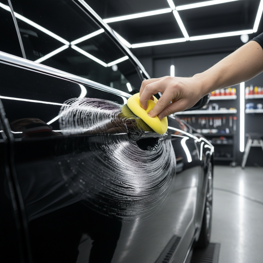 Detailer applying wax to black car with foam applicator pad