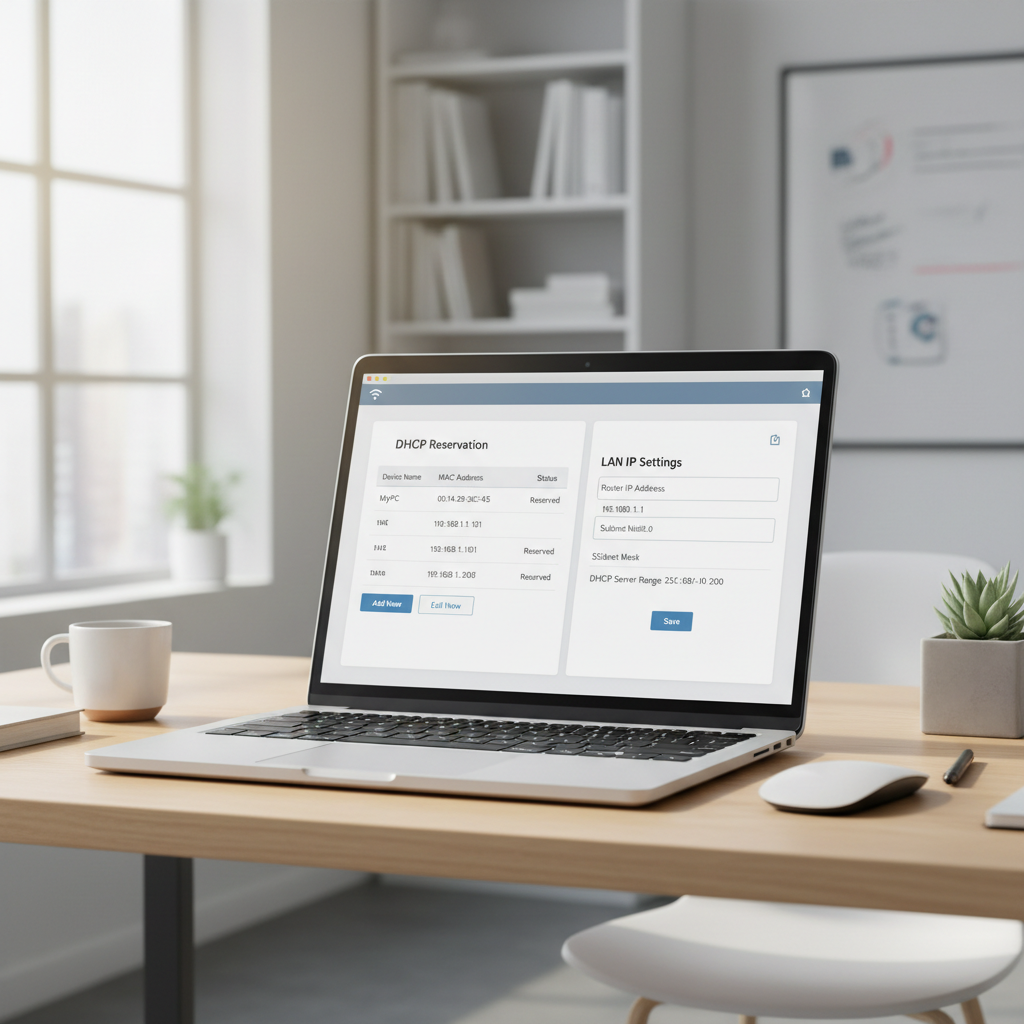 Home router admin page showing DHCP reservation and LAN IP settings