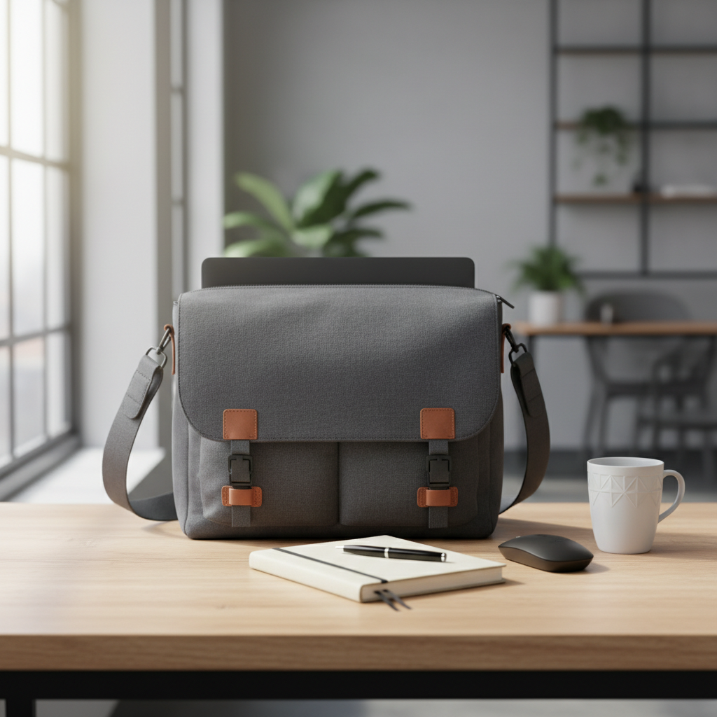 Work-friendly laptop messenger bag on office desk with accessories
