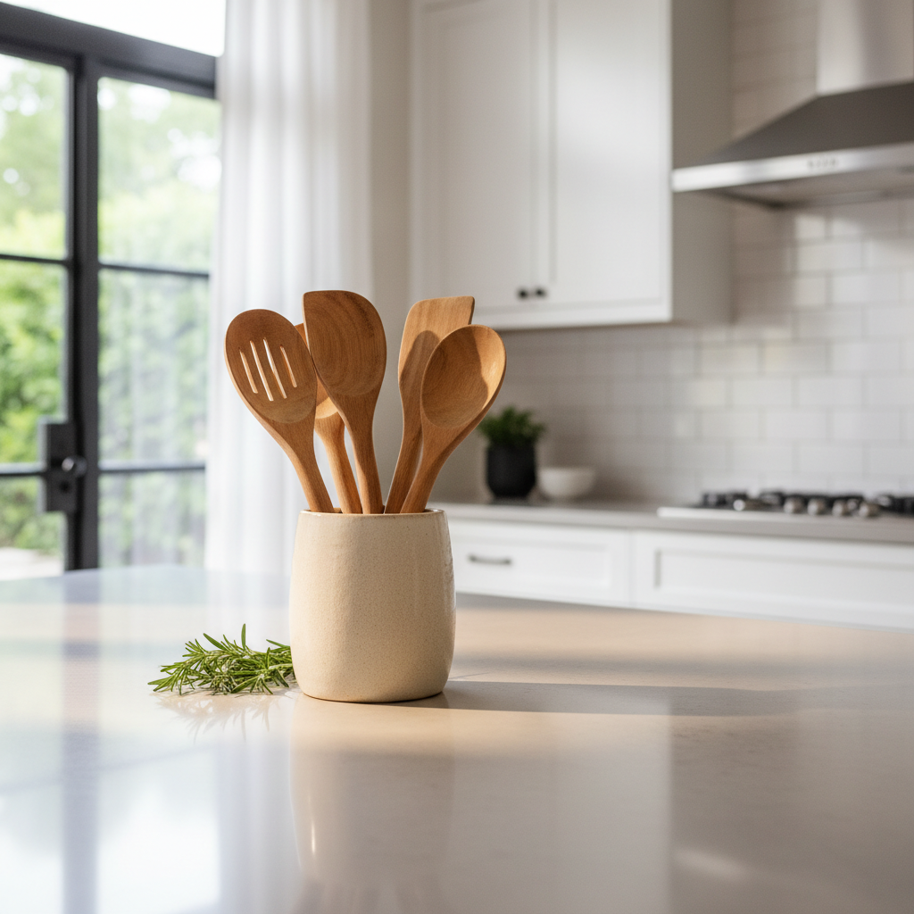 Natural wooden kitchen utensils on a modern countertop