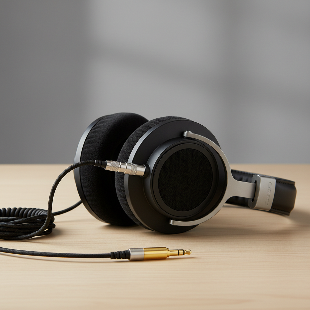 Close-up of wired headphones ear pads and detachable cable on studio table