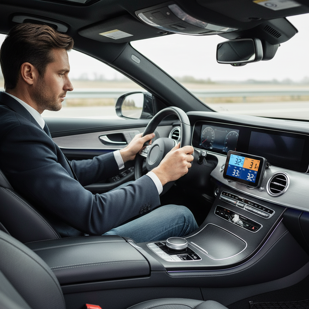 Driver checking aftermarket TPMS display showing tire PSI readings