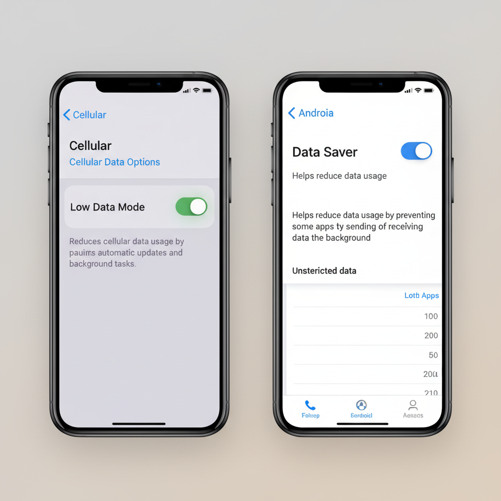 Android and iPhone settings screens for Low Data Mode and Data Saver