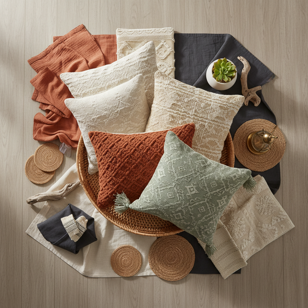 Patio color palette board for bohemian outdoor pillow covers with rust sage and cream tones