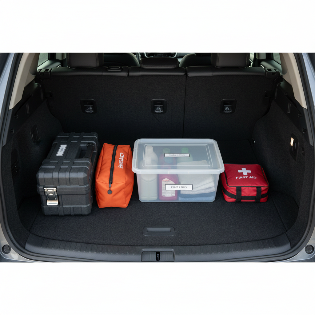 Trunk tool organization layout with zones for tools, emergency kit, and fluids