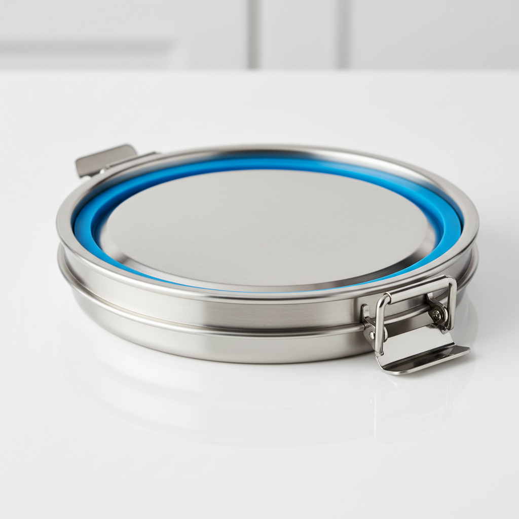 Silicone gasket and locking lid details on stainless steel food container