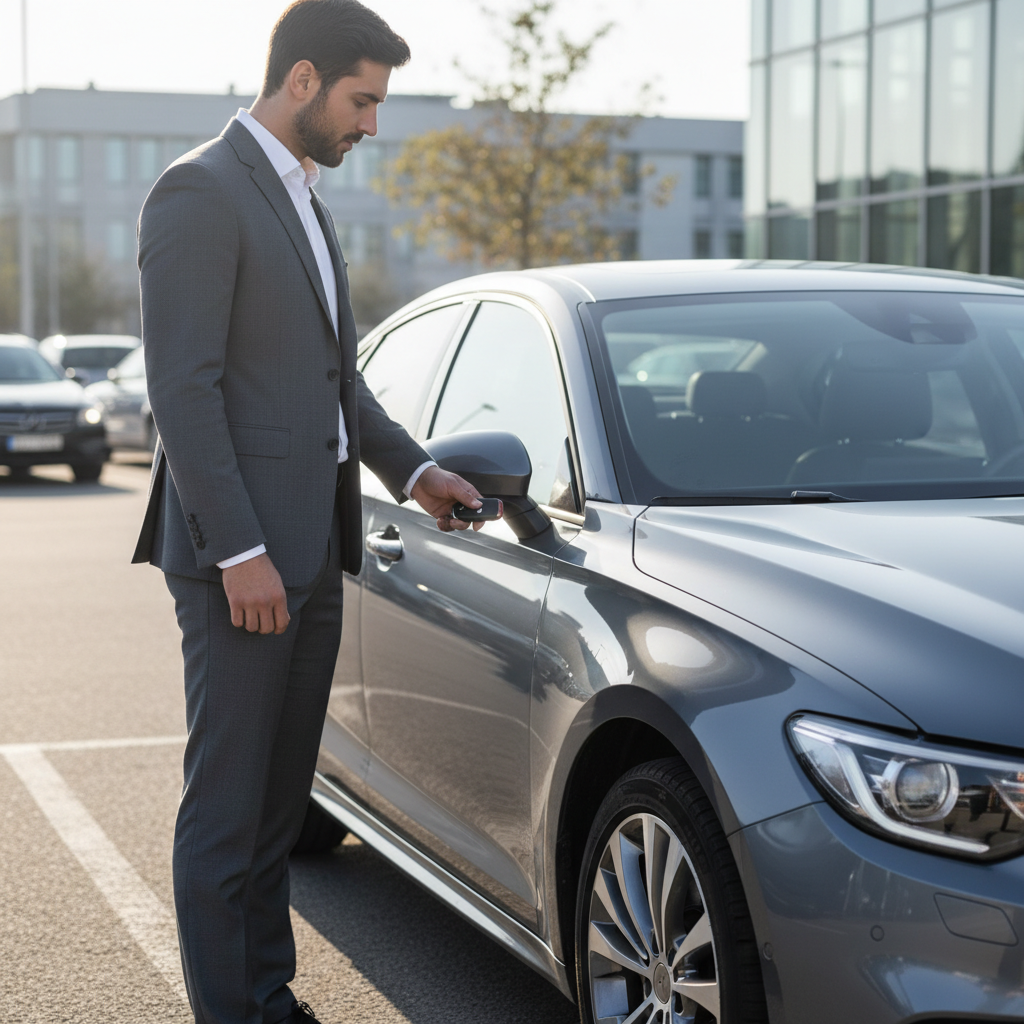Driver testing car key fob and door lock response