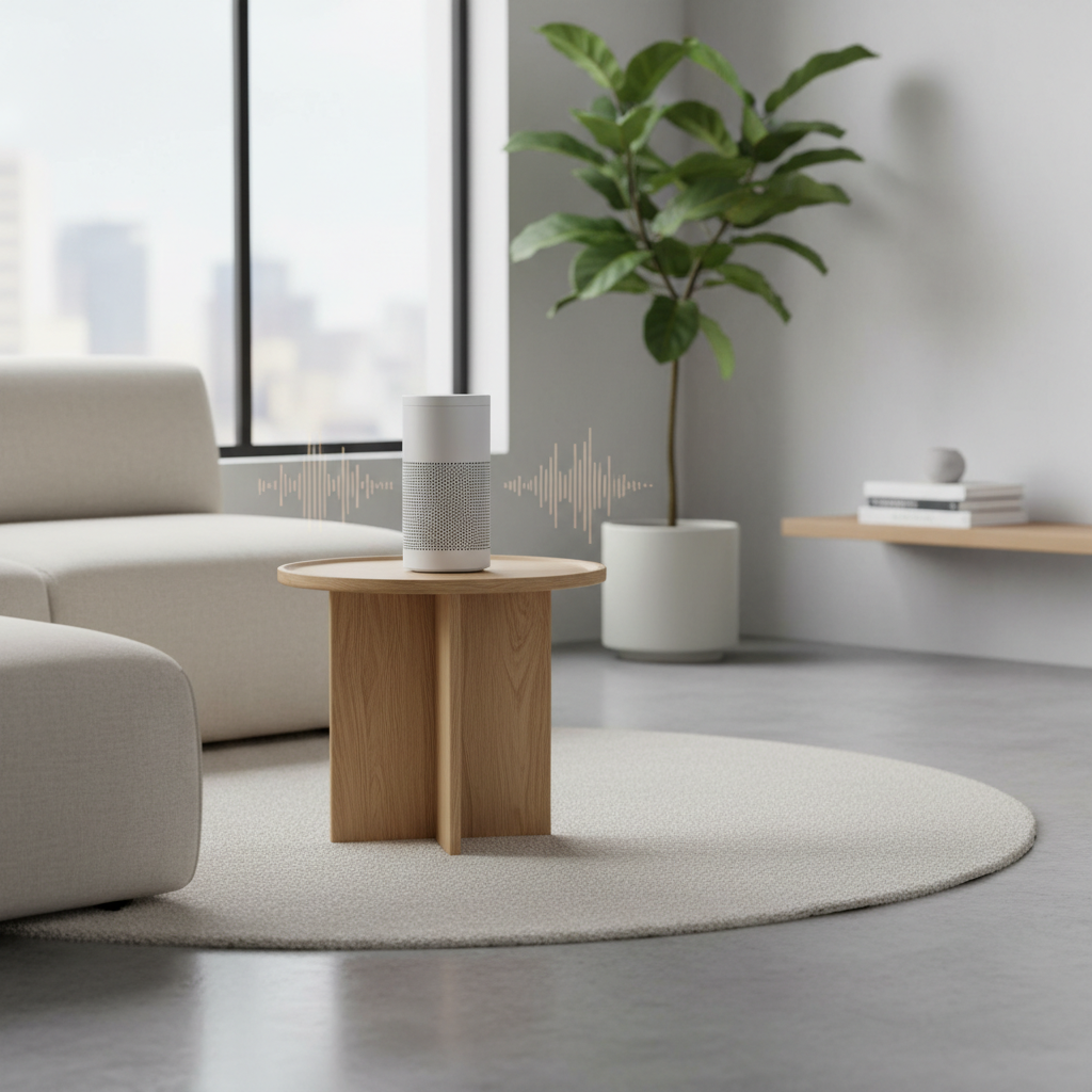 Smart speaker placed correctly on a side table with clear space around it for better audio