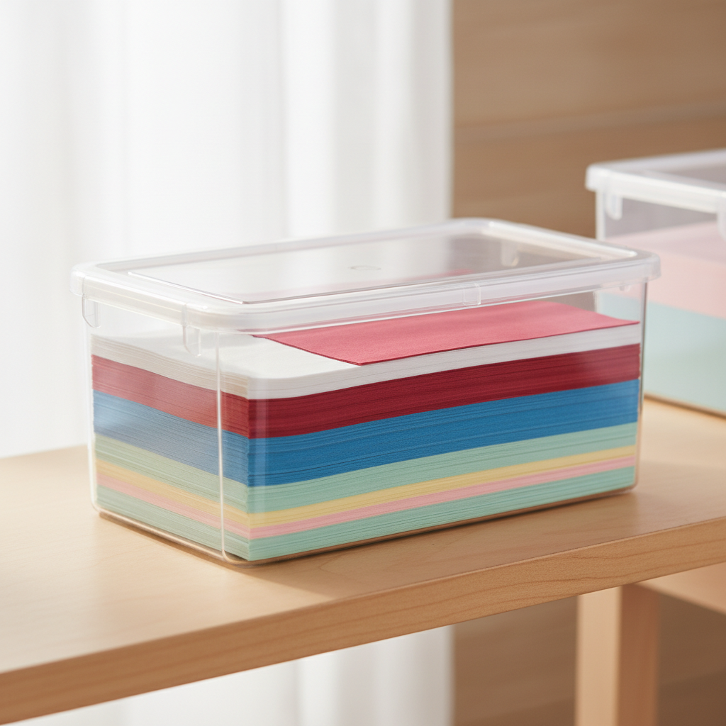 Tissue paper stored flat in a clear lidded container with color-sorted sheets