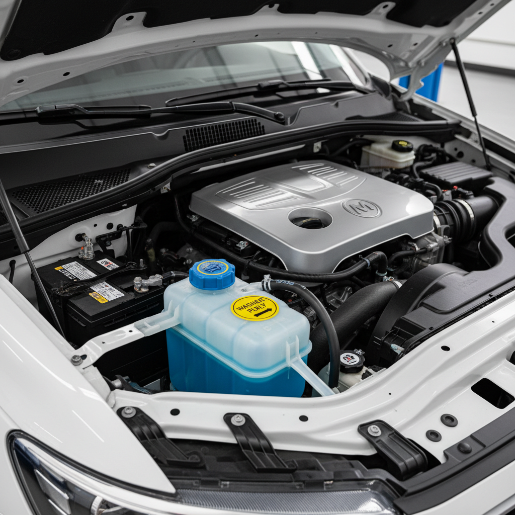 Windshield washer reservoir location in a car engine bay