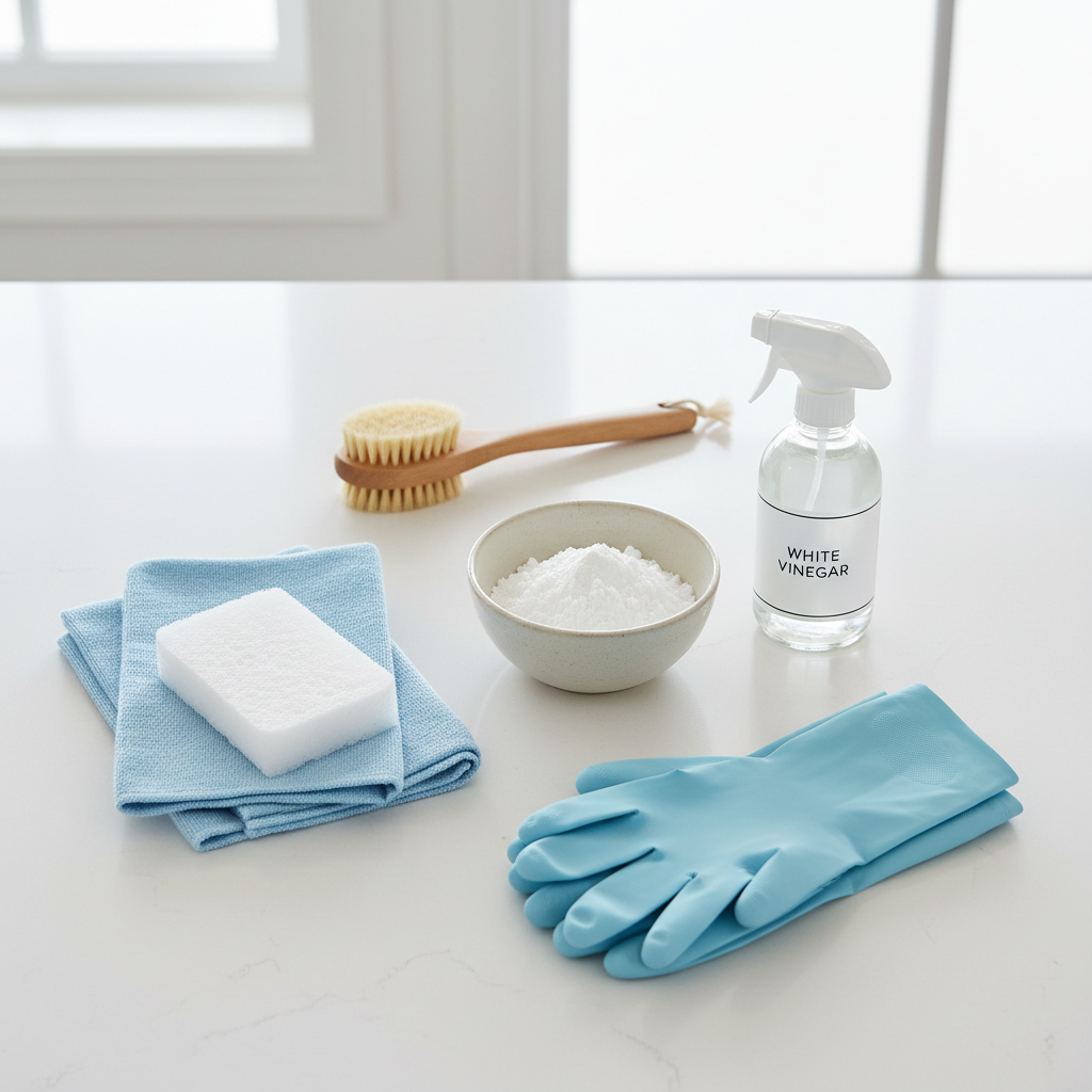 Cleaning supplies for porcelain sink: baking soda, vinegar, microfiber cloth, soft sponge